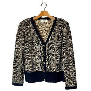 St. John Black And Tan Animal Print V Neck Santana Knit Cardigan Sweater Size 14
